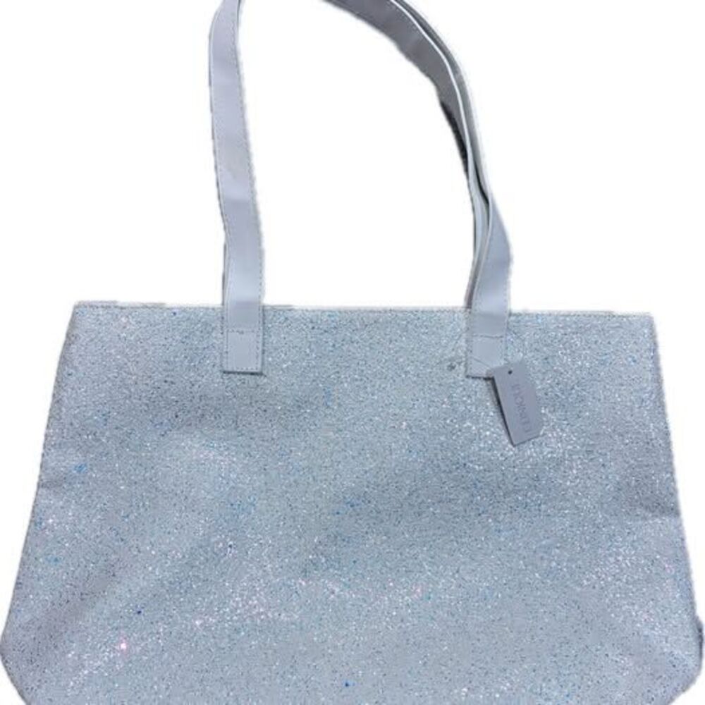 Clinique White/Silver Glitter Tote Bag Pink Lining NWT